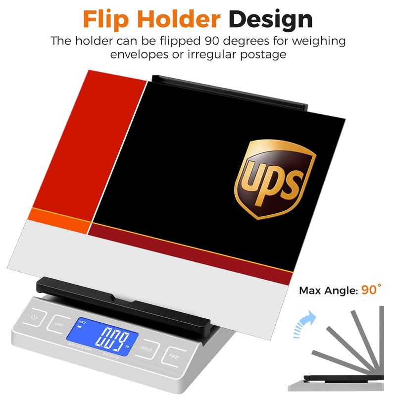 TIPRE Digital Shipping Postal Scale, Mail Scale with Envelope Flip Holder, 66lb/0.1oz Postage Scale for Package, Small Business, Post Office, Hold&Tare Function, Battery&Type-C Charging Cable - Silver - Image 2